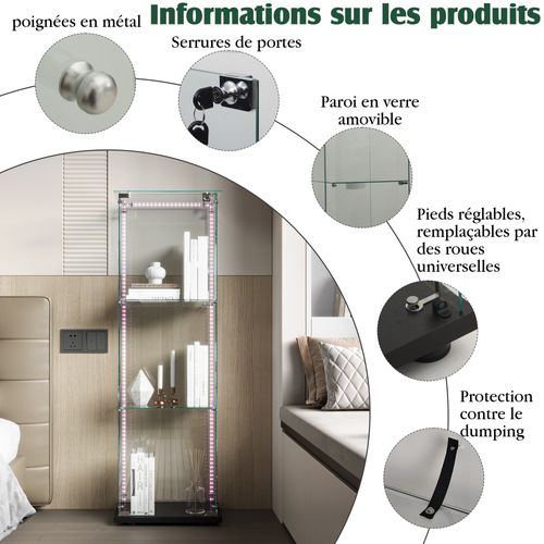 Vitrine En Verre Avec Bande Lumineuse LED, Avec 3 Étagères Et Portes, 123x40x35 Cm, Noir