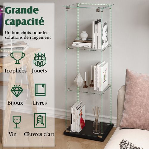 Vitrine En Verre Avec Bande Lumineuse LED, Avec 3 Étagères Et Portes, 123x40x35 Cm, Noir