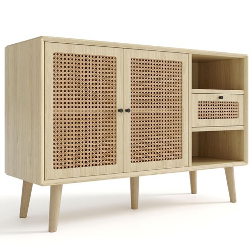 Buffet 120cm Avec 1 Tiroir Et 2 Portes Magnétiques En Rotin Tressé Avec Poignées En Métal Noir