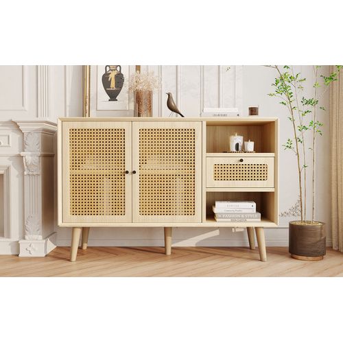 Buffet 120cm Avec 1 Tiroir Et 2 Portes Magnétiques En Rotin Tressé Avec Poignées En Métal Noir