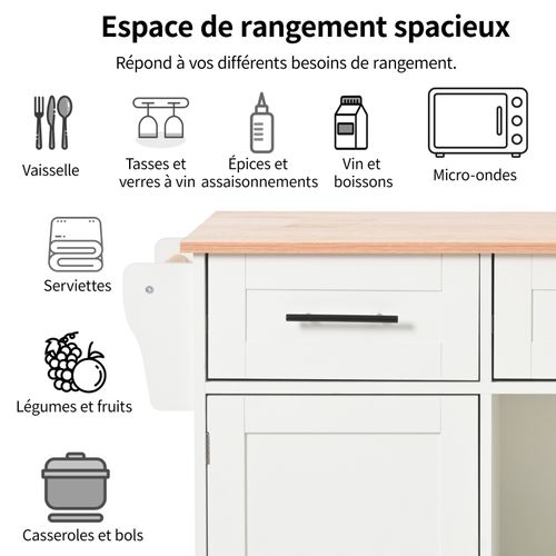 Meuble De Salle à Manger 120 Cm, Corps Blanc + Plateau En Bois Massif, Pliable, Roulettes