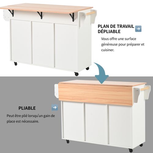 Meuble De Salle à Manger 120 Cm, Corps Blanc + Plateau En Bois Massif, Pliable, Roulettes