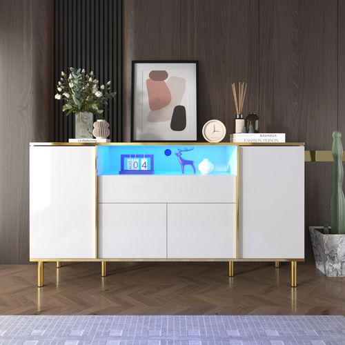 Buffet Blanc Brillant Avec 1 Tiroir, Commode De Chambre - L 150 / P 40 / H 80 Cm