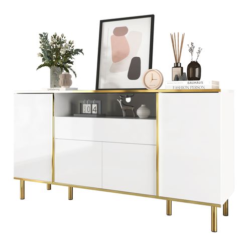Buffet Blanc Brillant Avec 1 Tiroir, Commode De Chambre - L 150 / P 40 / H 80 Cm