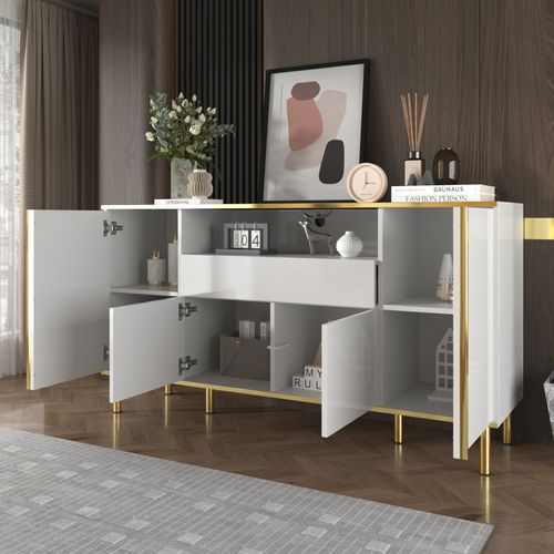 Buffet Blanc Brillant Avec 1 Tiroir, Commode De Chambre - L 150 / P 40 / H 80 Cm