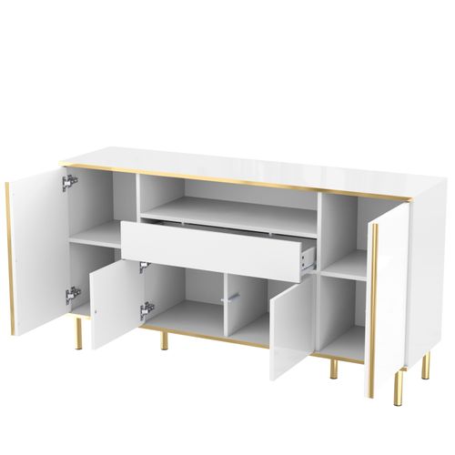 Buffet Blanc Brillant Avec 1 Tiroir, Commode De Chambre - L 150 / P 40 / H 80 Cm