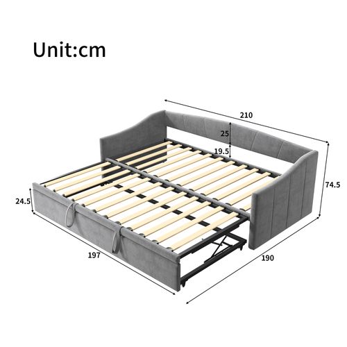 Lit Gigogne 90x200 Cm Avec Dossier Capitonné - Gris