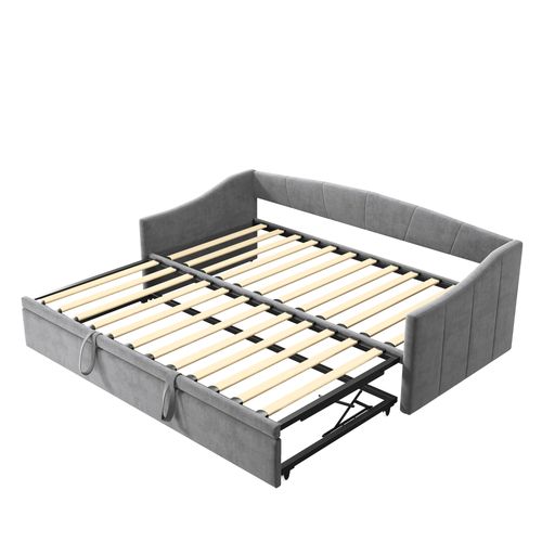 Lit Gigogne 90x200 Cm Avec Dossier Capitonné - Gris