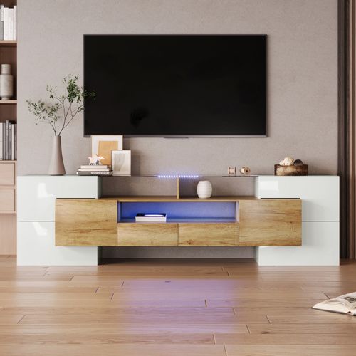 Meuble TV Élégant 200 Cm, Éclairage LED, Meuble De Salon, Design Moderne, Blanc + Bois