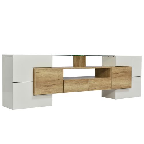 Meuble TV Élégant 200 Cm, Éclairage LED, Meuble De Salon, Design Moderne, Blanc + Bois