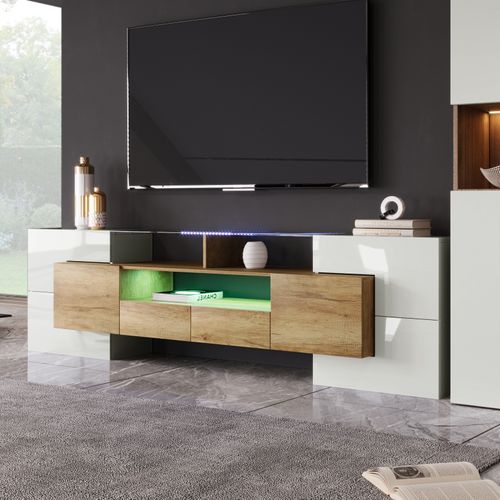 Meuble TV Élégant 200 Cm, Éclairage LED, Meuble De Salon, Design Moderne, Blanc + Bois