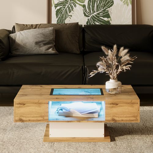 Table Basse, Avec Lumières LED, En Verre, Avec Deux Tiroirs