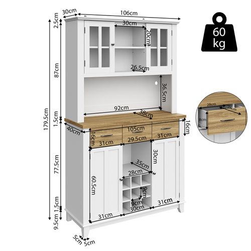 Buffet Haut De Cuisine, Buffet Avec Étagères Réglables, Buffet Avec Éclairage LED, Blanc