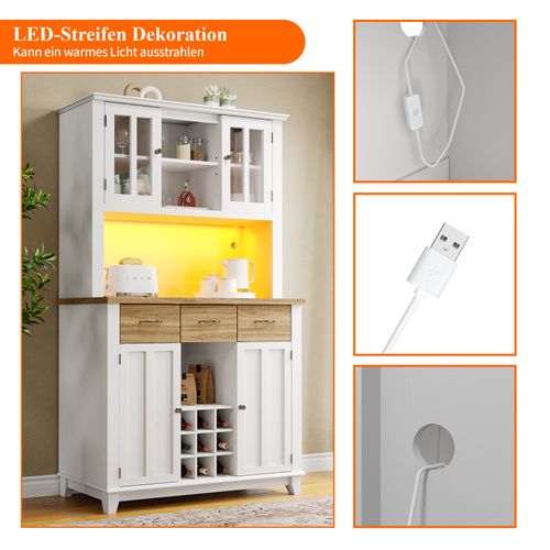 Buffet Haut De Cuisine, Buffet Avec Étagères Réglables, Buffet Avec Éclairage LED, Blanc