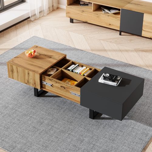 Table Basse Moderne De 155 Cm Avec Rangement, Support En Métal, Noir