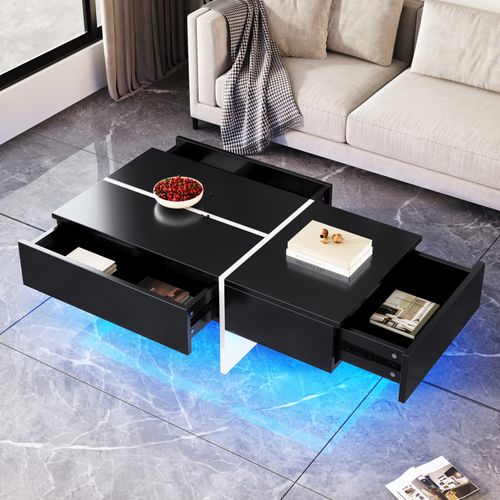 Table Basse Haute Brillance Avec Structure En Imitation Marbre Noir, Pieds Blanc Et Éclairage LED