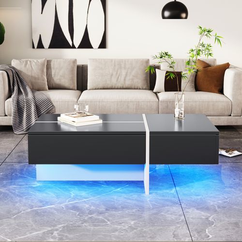 Table Basse Haute Brillance Avec Structure En Imitation Marbre Noir, Pieds Blanc Et Éclairage LED