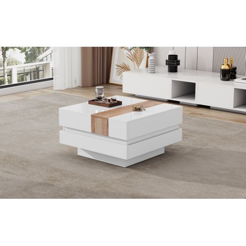 Table Basse Carrée De 70cm Avec Plateau Rétractable Et Rangement Dissimulé, Blanc + Bois