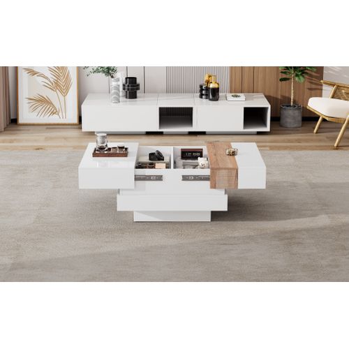 Table Basse Carrée De 70cm Avec Plateau Rétractable Et Rangement Dissimulé, Blanc + Bois