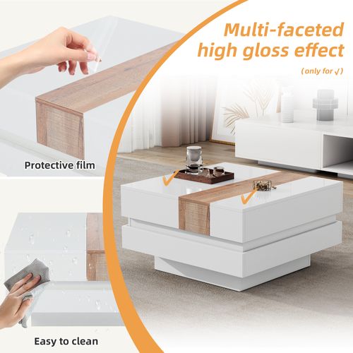 Table Basse Carrée De 70cm Avec Plateau Rétractable Et Rangement Dissimulé, Blanc + Bois