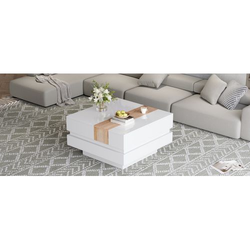 Table Basse Carrée De 70cm Avec Plateau Rétractable Et Rangement Dissimulé, Blanc + Bois