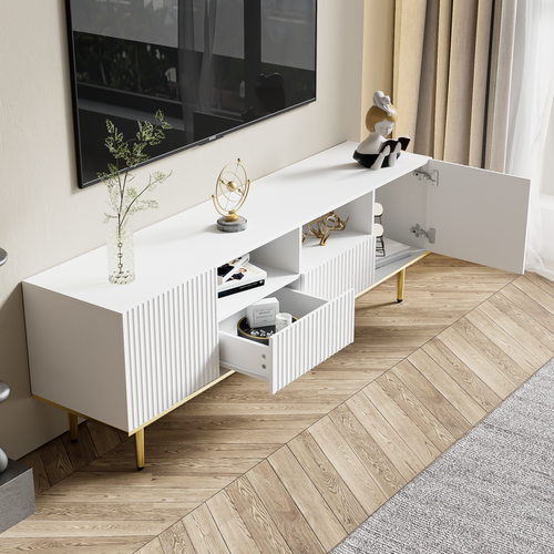 Meuble TV Moderne De 165 Cm, Meuble TV Avec Pieds Et Bords Dorés, Excellente Qualité, Blanc