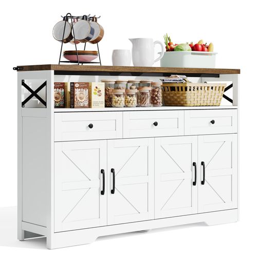Buffet De 140 Cm Avec Rangement, Console Moderne Avec Portes Et Étagères Pour Cuisine, Salon, Blanc
