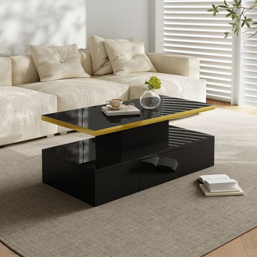 Table Basse Avec Tiroirs, Avec Deux Étagères, Avec Éclairage LED - Laquée Noire