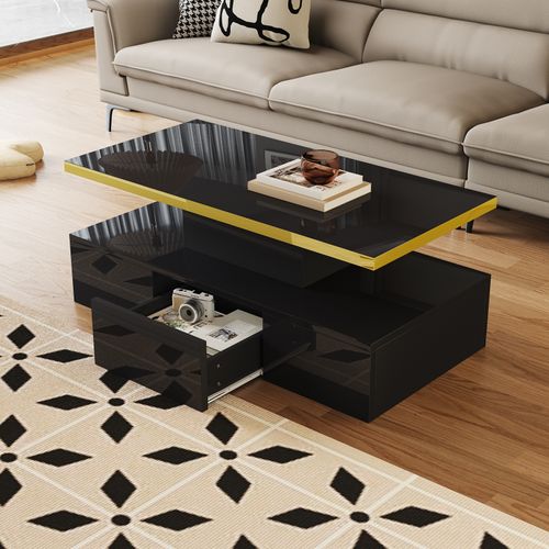 Table Basse Avec Tiroirs, Avec Deux Étagères, Avec Éclairage LED - Laquée Noire