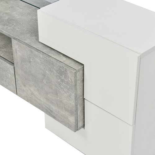 Meuble TV Élégant 200 Cm, Éclairage LED, Meuble De Salon, Design Moderne, Blanc + Gris