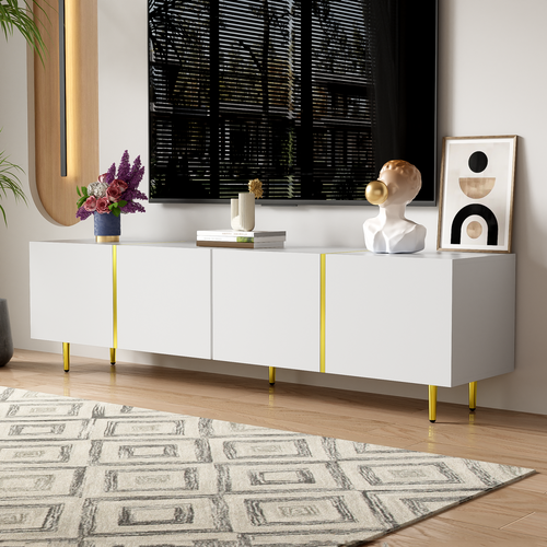 Meuble TV Blanc Brillant à Quatre Portes, Moderne Et Simple, Assorti Aux Couleurs Blanc Et Or