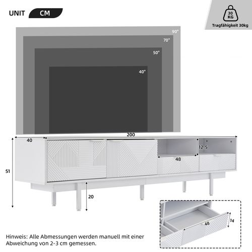 Meuble TV Moderne 200cm, Lignes Géométriques Blanches, Moderne Et Simple, Avec Espace De Rangement