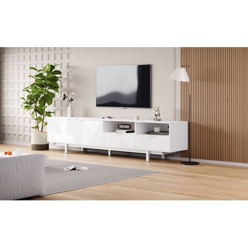 Meuble TV Moderne 200cm, Lignes Géométriques Blanches, Moderne Et Simple, Avec Espace De Rangement