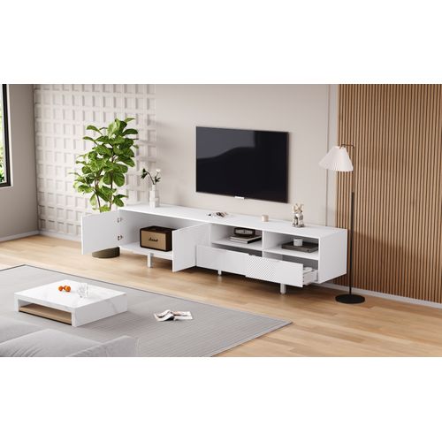 Meuble TV Moderne 200cm, Lignes Géométriques Blanches, Moderne Et Simple, Avec Espace De Rangement