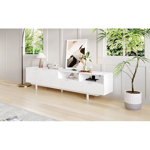 Meuble TV Moderne 200cm, Lignes Géométriques Blanches, Moderne Et Simple, Avec Espace De Rangement