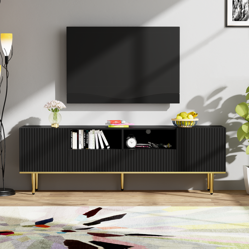 Meuble TV Moderne De 165 Cm Avec Pieds Et Bords Dorés, Meuble TV, Robuste Et Durable, Noir