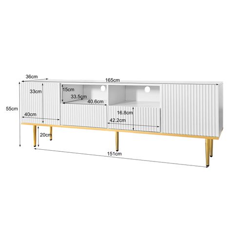 Meuble TV Moderne De 165 Cm Avec Pieds Et Bords Dorés, Meuble TV, Robuste Et Durable, Blanc