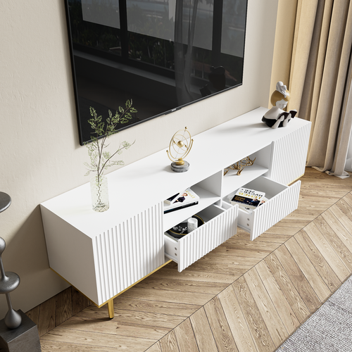 Meuble TV Moderne De 165 Cm Avec Pieds Et Bords Dorés, Meuble TV, Robuste Et Durable, Blanc