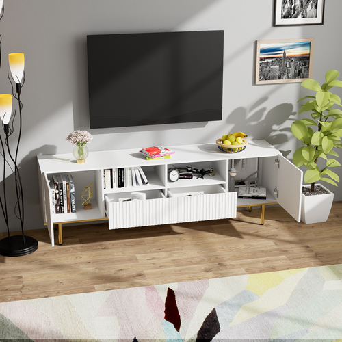 Meuble TV Moderne De 165 Cm Avec Pieds Et Bords Dorés, Meuble TV, Robuste Et Durable, Blanc
