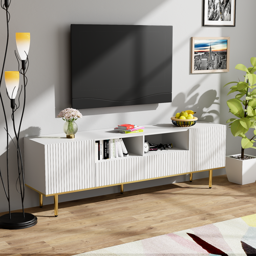 Meuble TV Moderne De 165 Cm Avec Pieds Et Bords Dorés, Meuble TV, Robuste Et Durable, Blanc