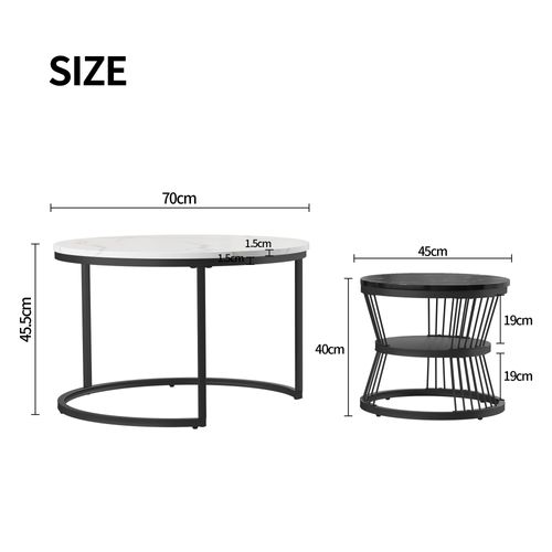 Lot De 2 Tables Basses Gigognes, Aspect Marbre, Rangement, Pieds En Métal,noir+blanc