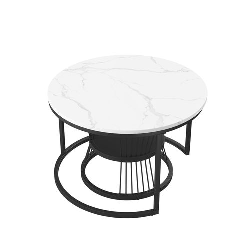 Lot De 2 Tables Basses Gigognes, Aspect Marbre, Rangement, Pieds En Métal,noir+blanc