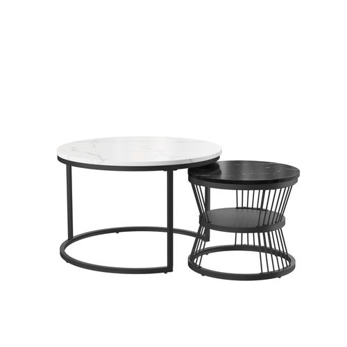 Lot De 2 Tables Basses Gigognes, Aspect Marbre, Rangement, Pieds En Métal,noir+blanc