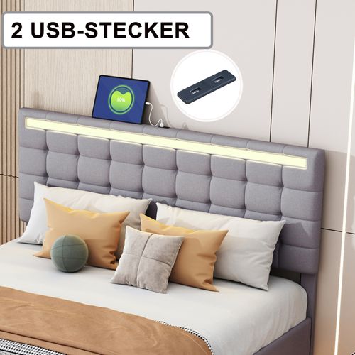 Lit Flottant Rembourré 160 X 200 Cm, Lit Double, Avec Lumières LED Et Tête De Lit, Lin, Gris