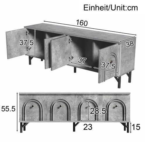 Meuble TV Moderne 4 Portes - Gris, 160 Cm - Design Élégant, Charnières à Serrage Souple