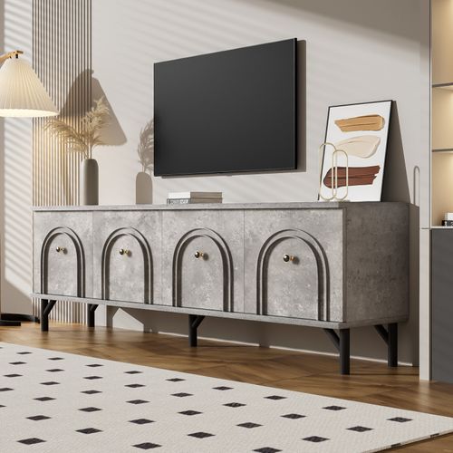 Meuble TV Moderne 4 Portes - Gris, 160 Cm - Design Élégant, Charnières à Serrage Souple