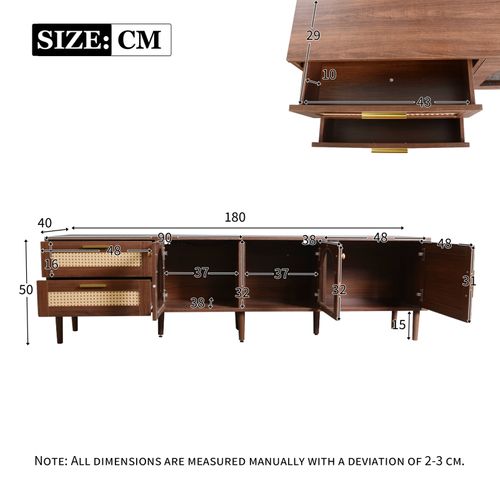 Meuble TV 180cm Avec 2 Tiroirs Et 2 Portes Vitrées Cintrées Et 1 Porte En Rotin, Éclairage LED