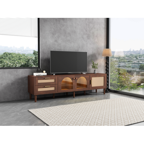 Meuble TV 180cm Avec 2 Tiroirs Et 2 Portes Vitrées Cintrées Et 1 Porte En Rotin, Éclairage LED