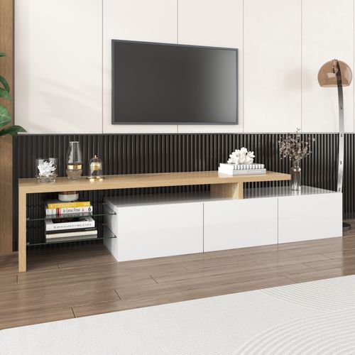 Meuble TV 197,5 Cm Avec Étagères En Verre Et Éclairage LED – 3 Portes, Aspect Bois, Blanc