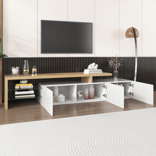 Meuble TV 197,5 Cm Avec Étagères En Verre Et Éclairage LED – 3 Portes, Aspect Bois, Blanc